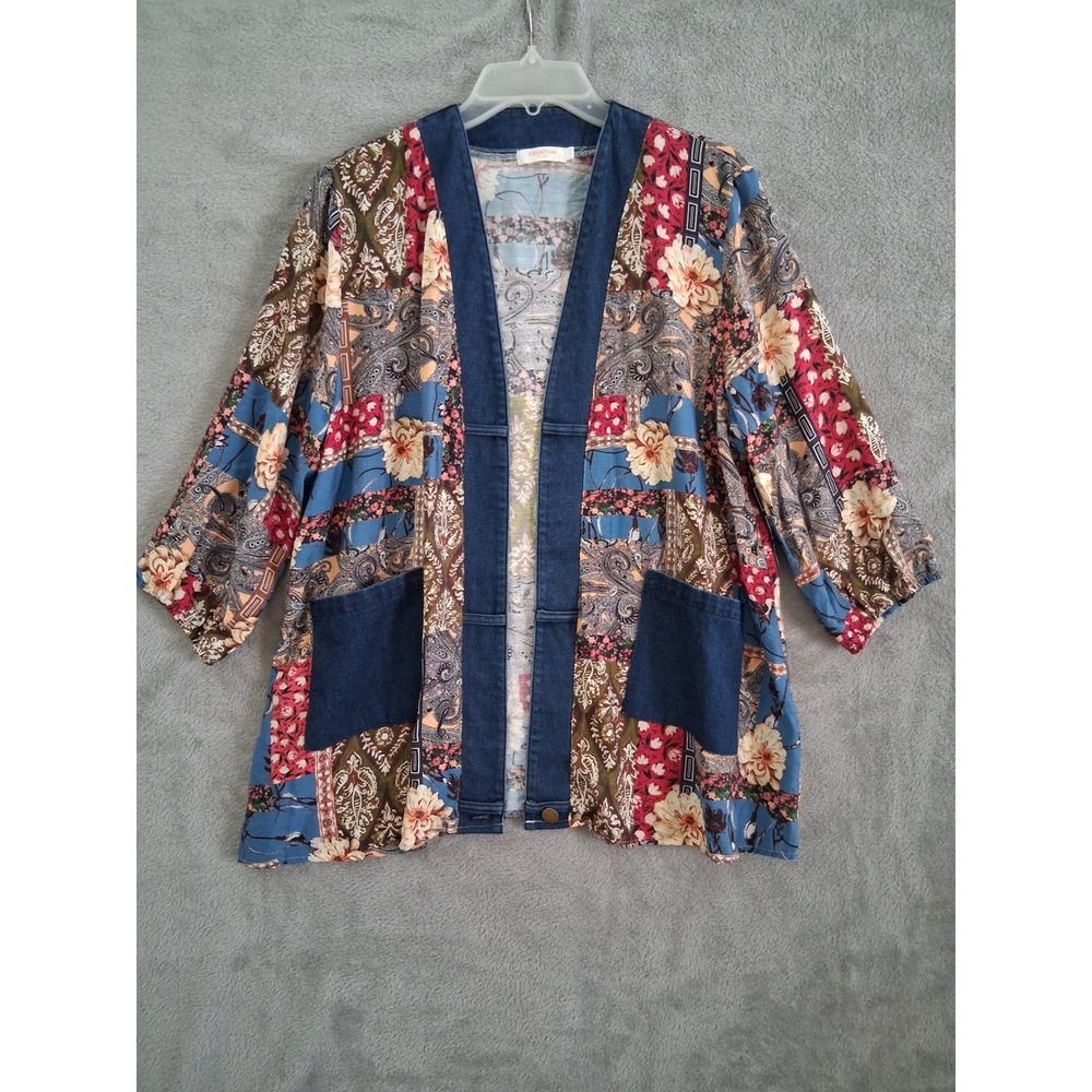 Creation Patchwork Kimono Lg Blue Floral Paisley Denim Trim Artsy Hippie Boho